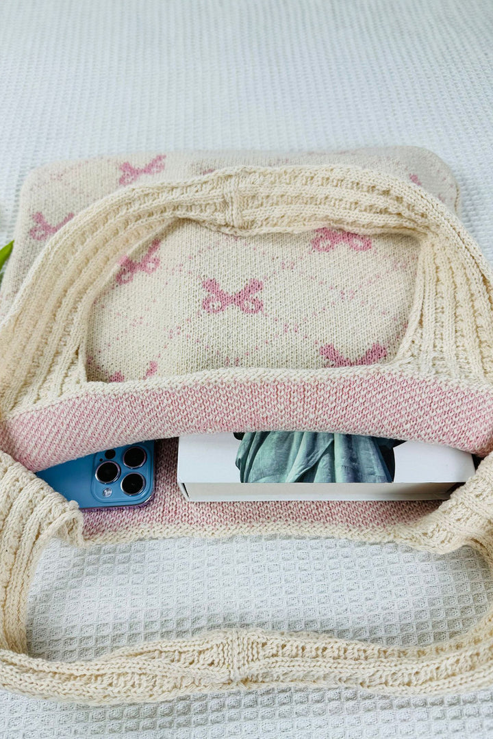 Sweet Bowknot Textured Strap Knit Shoulder Bag