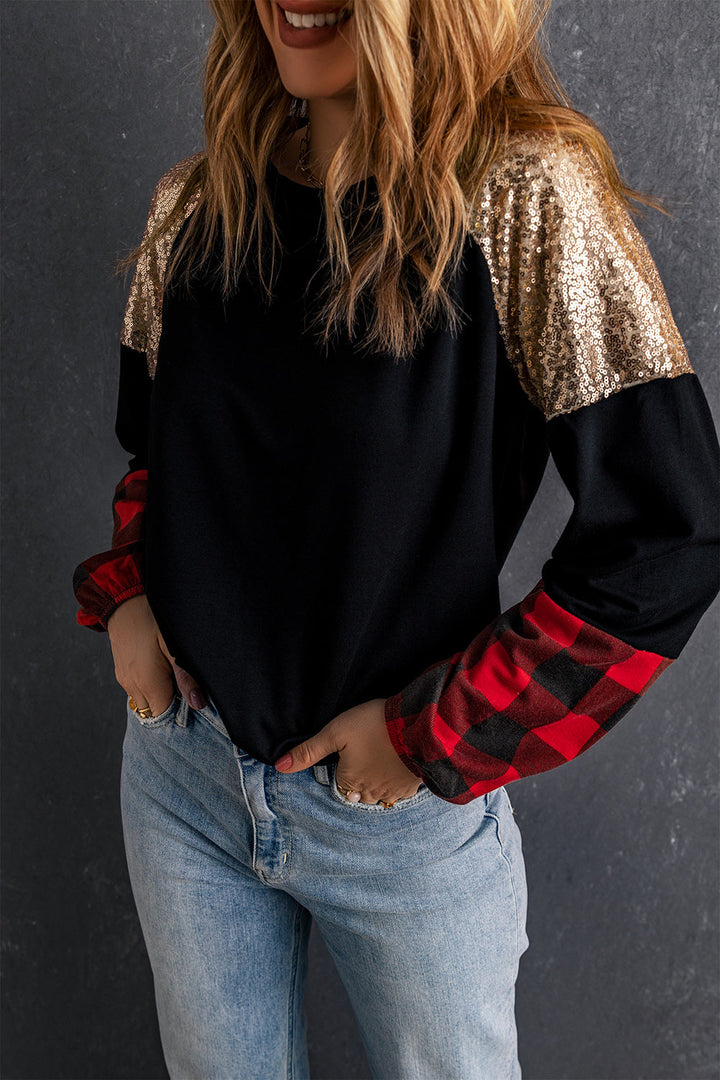 Crewneck Lantern Sleeve Plaid Sequin Splicing Blouse