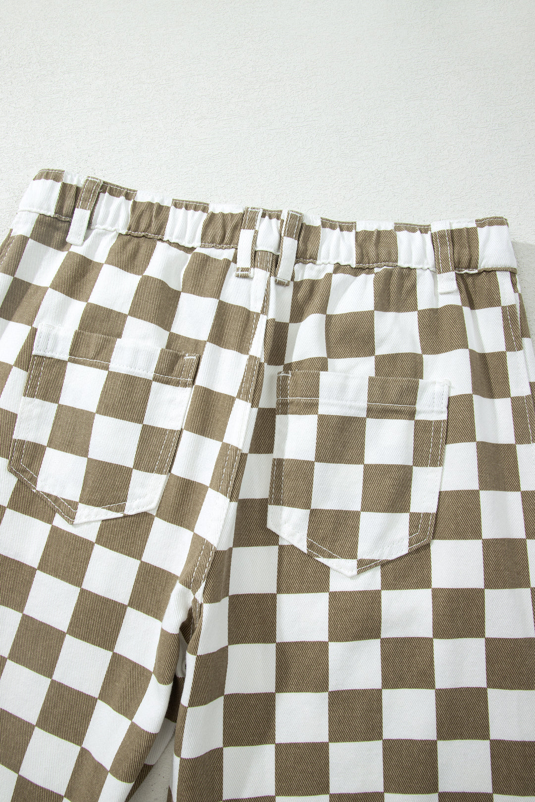 White Checkered Print Denim Barrel Pants