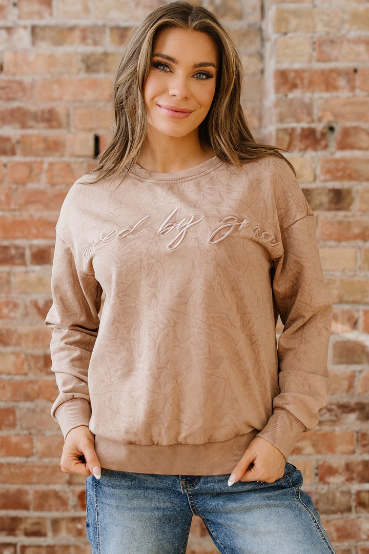 saved by grace Letter Embroidery Mineral Wash Loose Sweatshirt