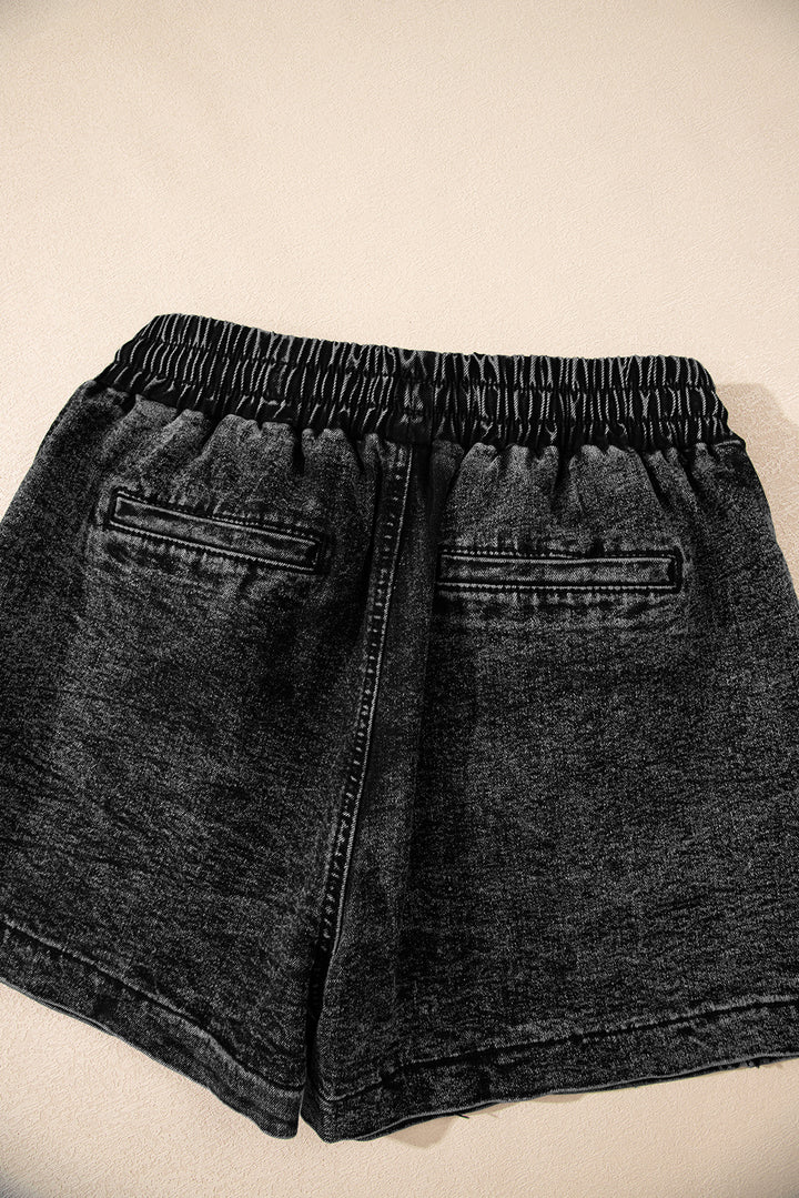 Black Drawstring Elastic Waistband Pocketed Denim Shorts