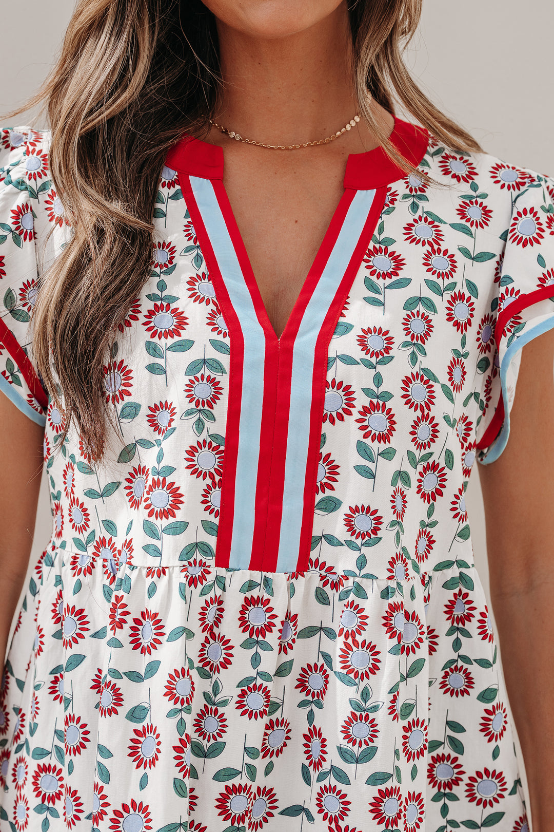 Red Sunflower Printed Contrast Trim V Neck Flutter Sleeve Blouse