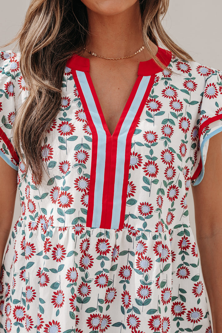Red Sunflower Printed Contrast Trim V Neck Flutter Sleeve Blouse