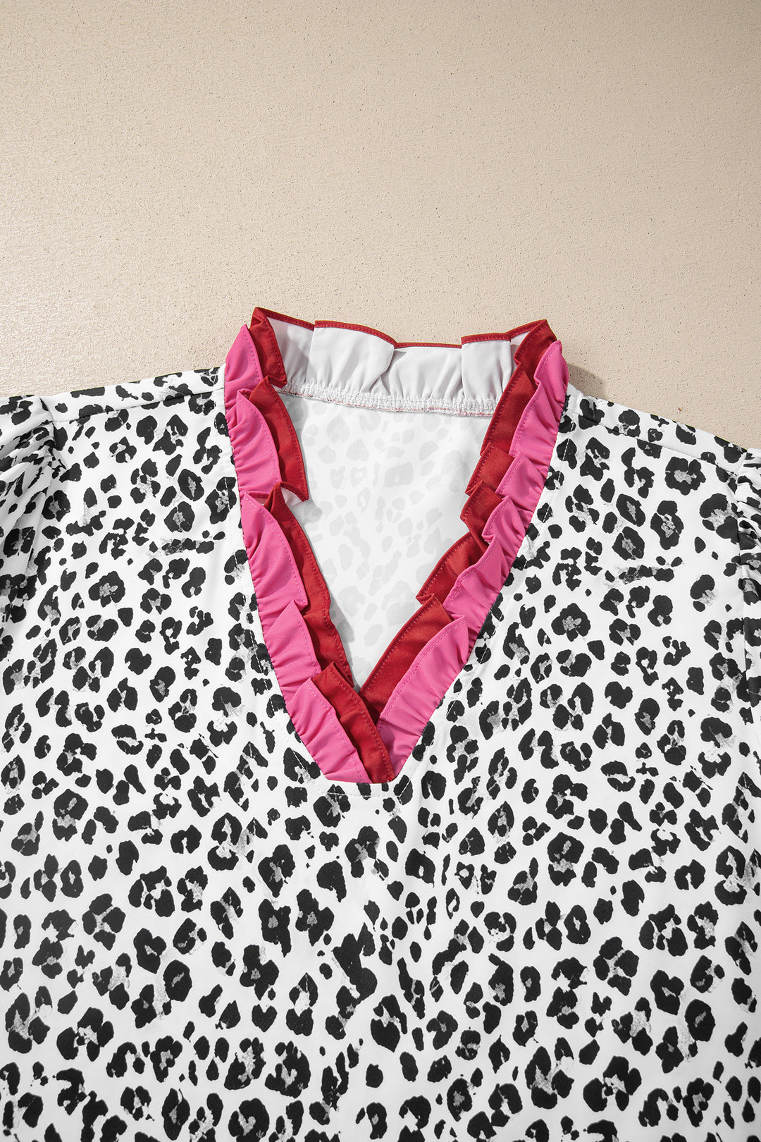 Gray Ruffled Trim V Neck Leopard Print Short Sleeve Blouse