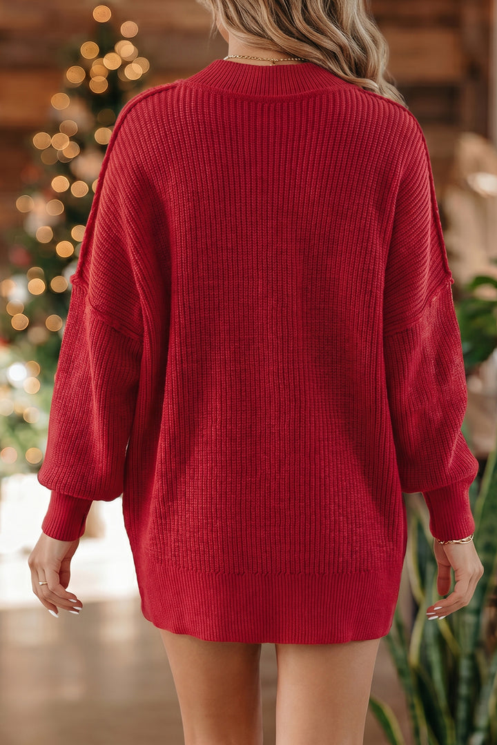 Red Dahlia Ribbed Knit Stand Neck Regular Fit Pullover Sweater