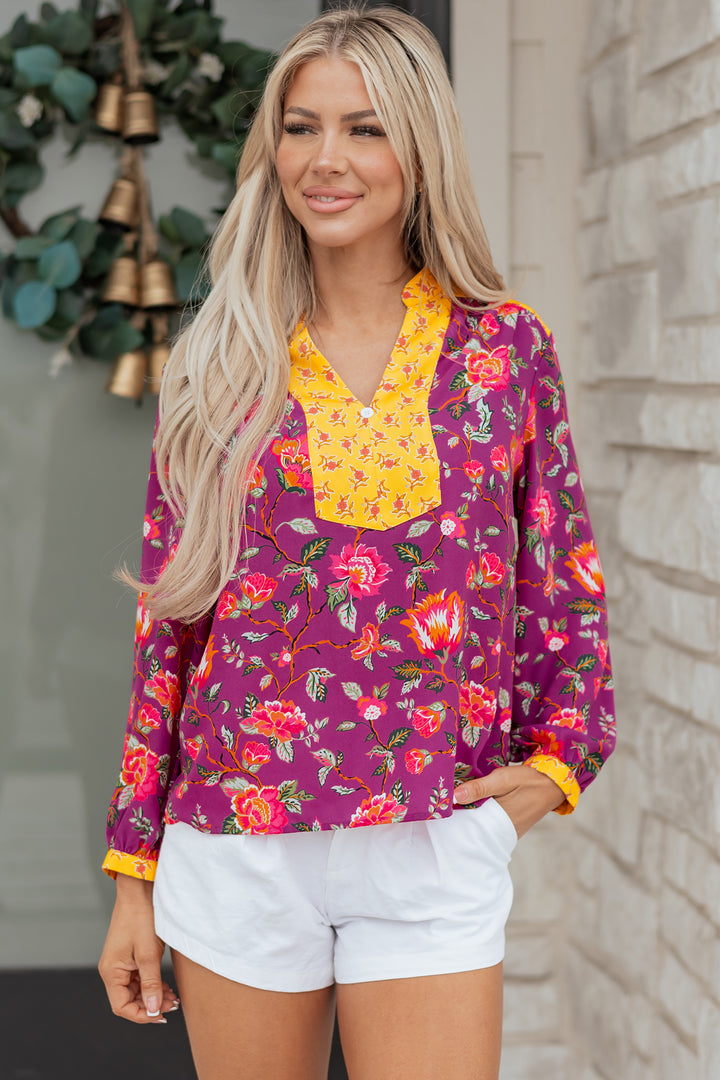 Contrast Placket Split V Neck Floral Blouse