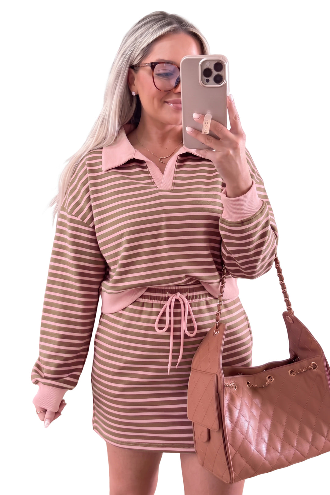 Brown Striped Drawstring Waist Long Sleeve Top Mini Skort Set