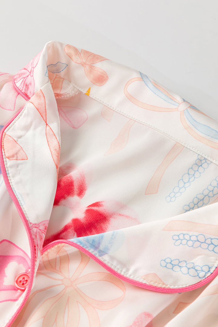 bow knot print lapel collar wide leg satin pajama set
