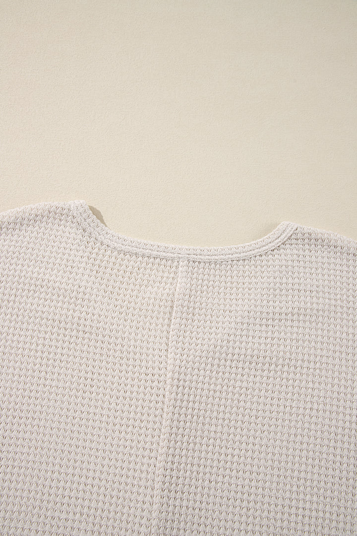 White Waffle Knit Side Slits Loose Fit V Neck Top