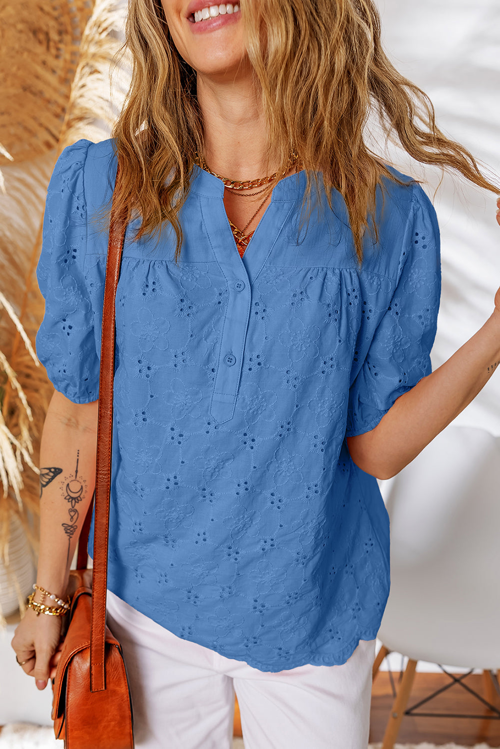 Lace Crochet V Neck Half Sleeve Embroidery Button Down Blouses Casual Shirts