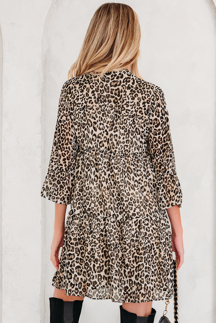 Leopard 3/4 Sleeve V Neck Swing Dress