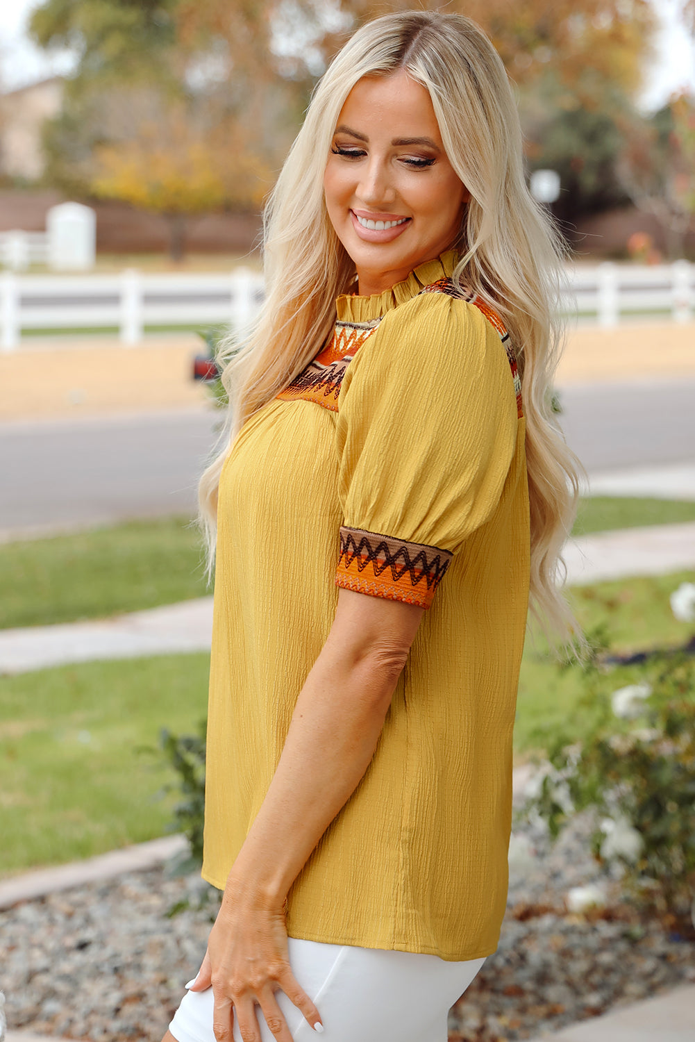 Geometric Short Puff Sleeve Frilled Collar Blouse