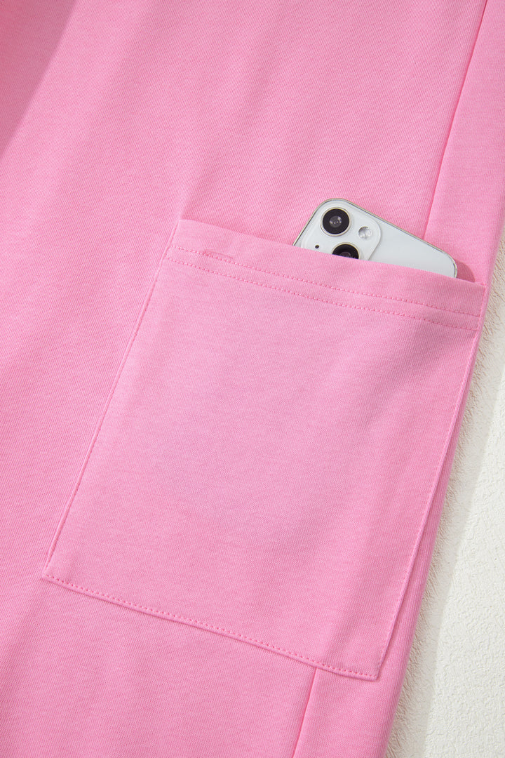 Pink Solid Color Raw Edge Half Sleeve Pocketed Loose Romper