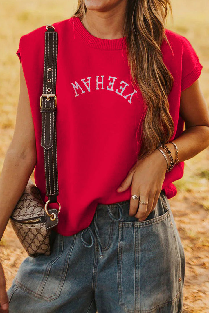 YEEHAW Embroidered Letter Loose Short Sleeve Sweater