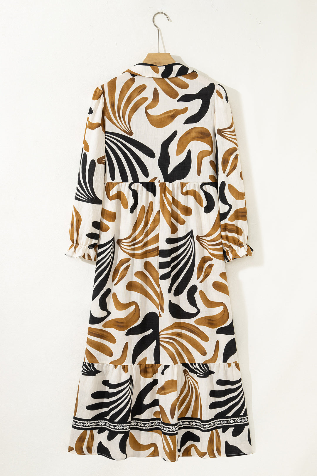 Tropical Printed Contrast Trim Neck Long Sleeve Ruffle Hem Dress