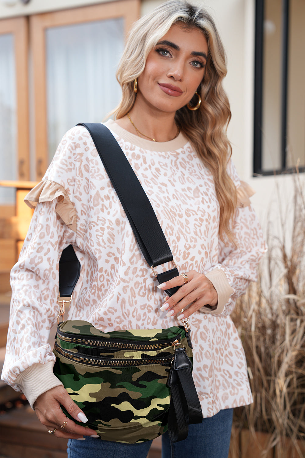 Four Camouflage Print Double Zip Fashion Crossbody Bag