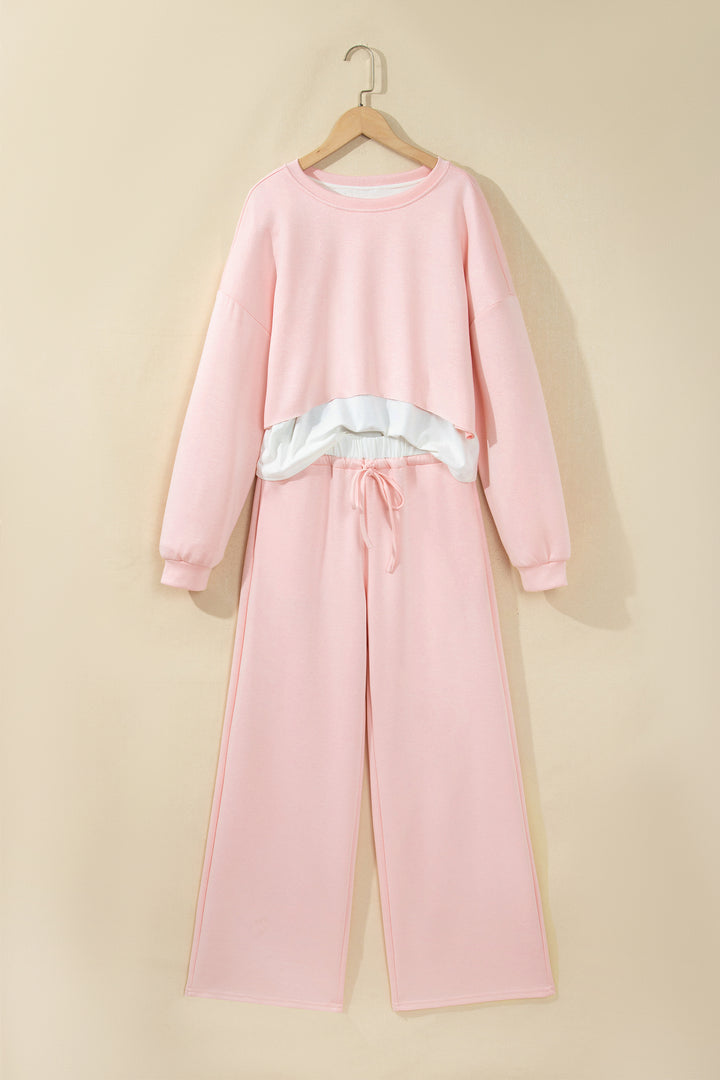 Pink Color Contrast Overlay Long Sleeve Top Drawstring Loose Pant Set