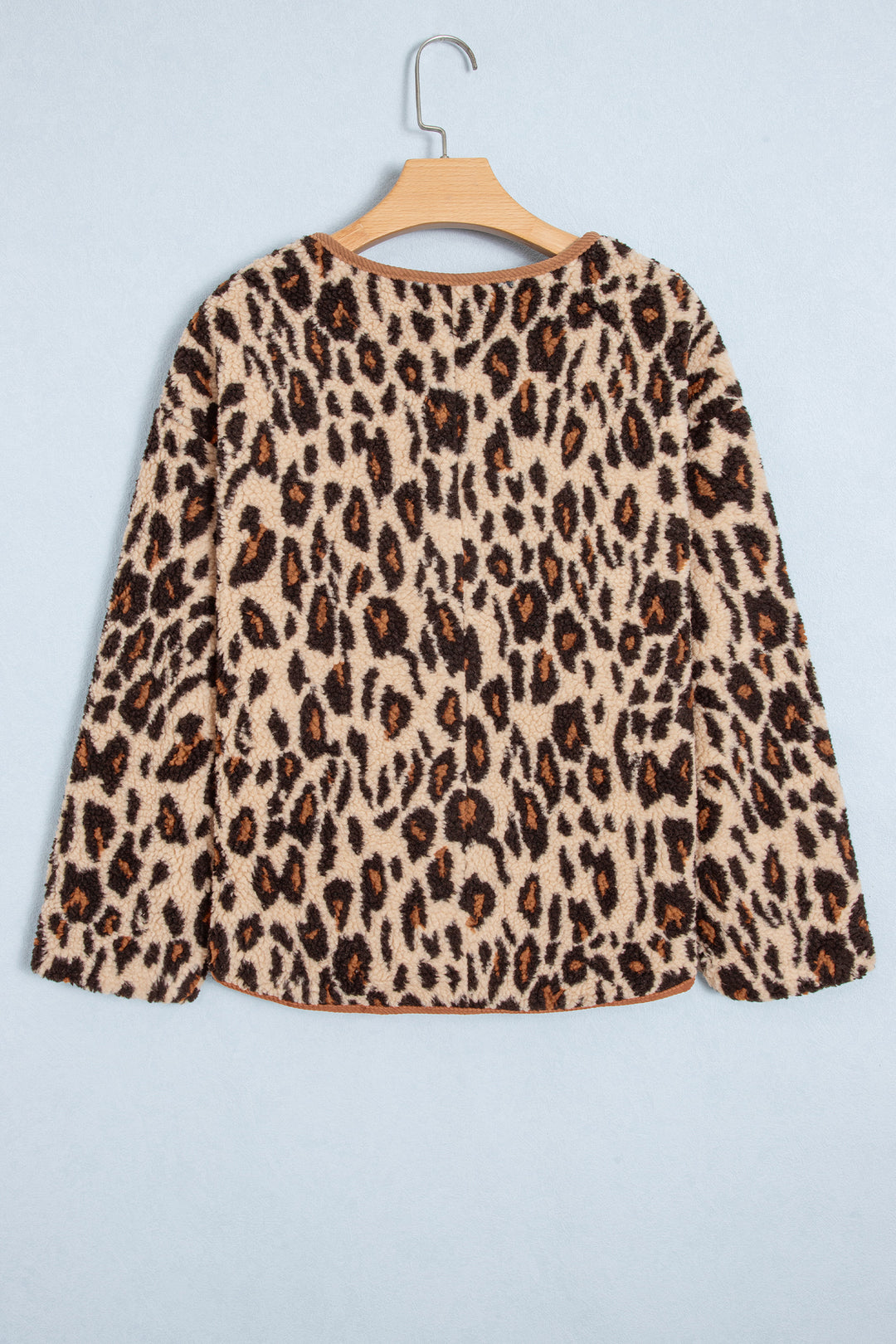 Khaki Leopard Plush Corduroy Trim Long Sleeve Jacket