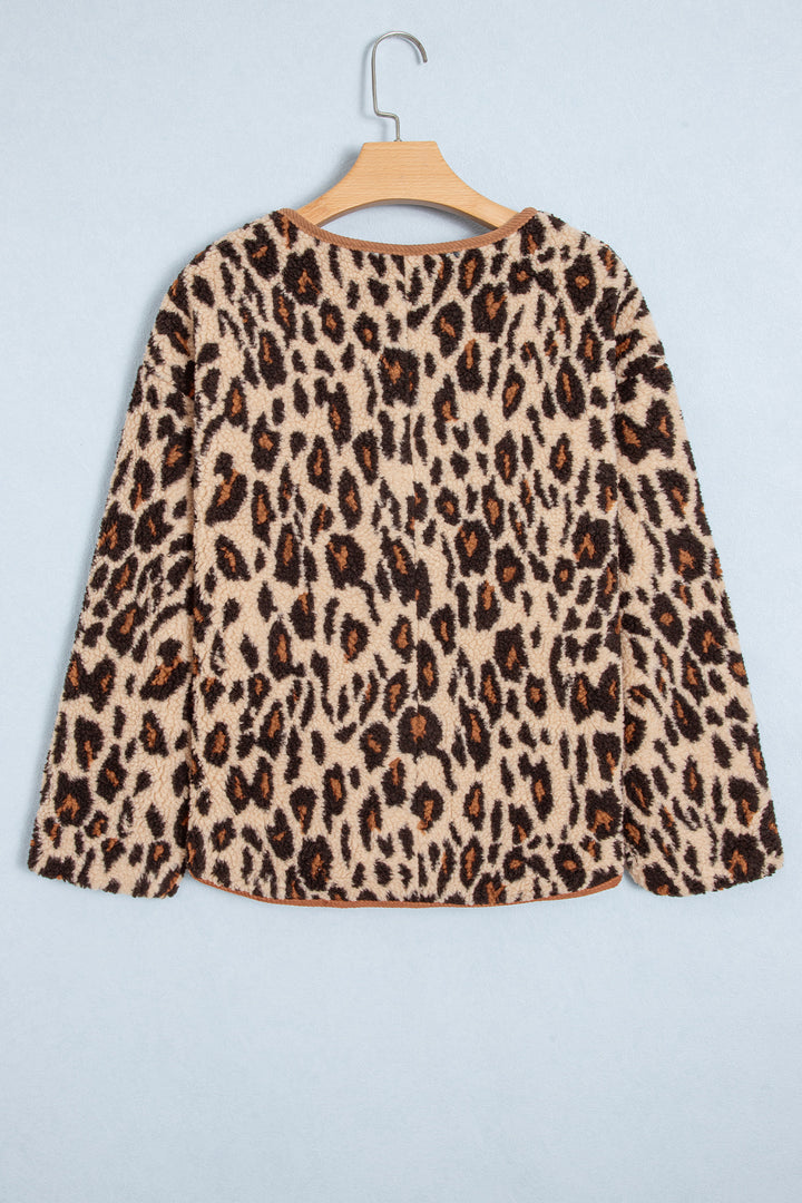 Khaki Leopard Plush Corduroy Trim Long Sleeve Jacket