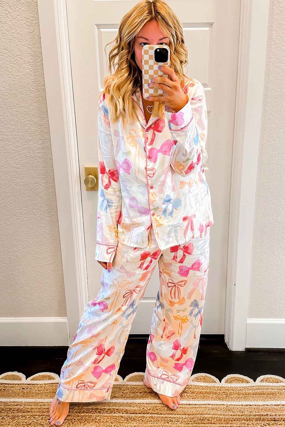bow knot print lapel collar wide leg satin pajama set