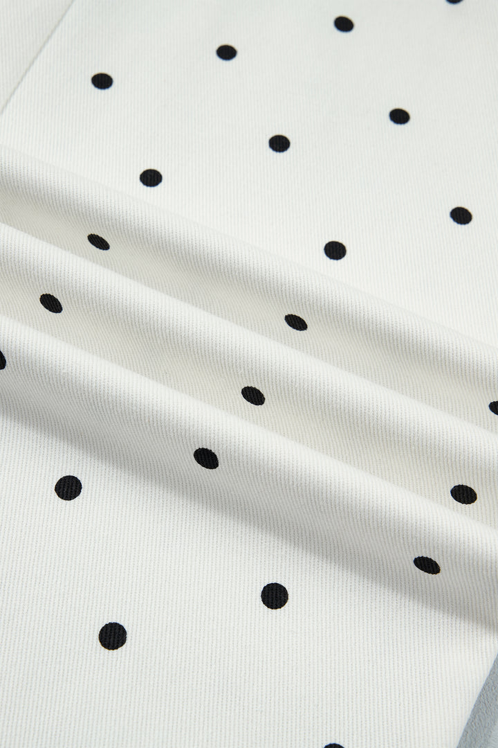 White Polka Dot Print Scalloped Patch Pocket Cotton Shift Pants