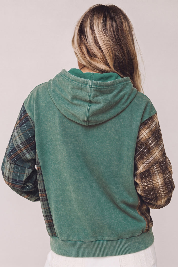 Smoke Green Plaid Colorblock Hoodie