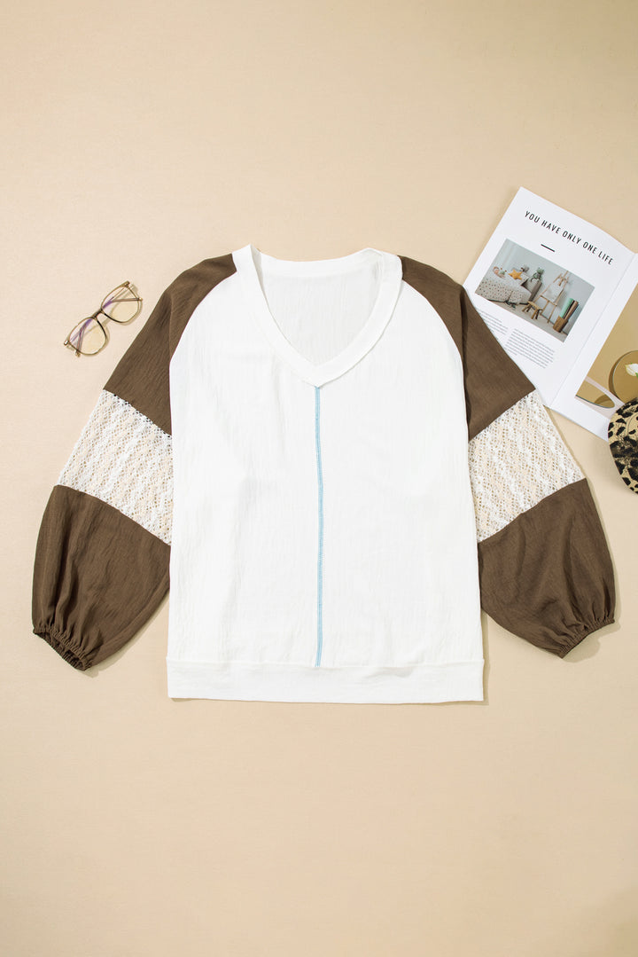 Green Colorblock Lace Patchwork Balloon Sleeve V Neck Plus Size Blouse