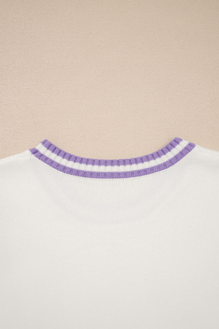 White Mardi Gras Tinsel Letter Graphic Short Sleeve Sweater