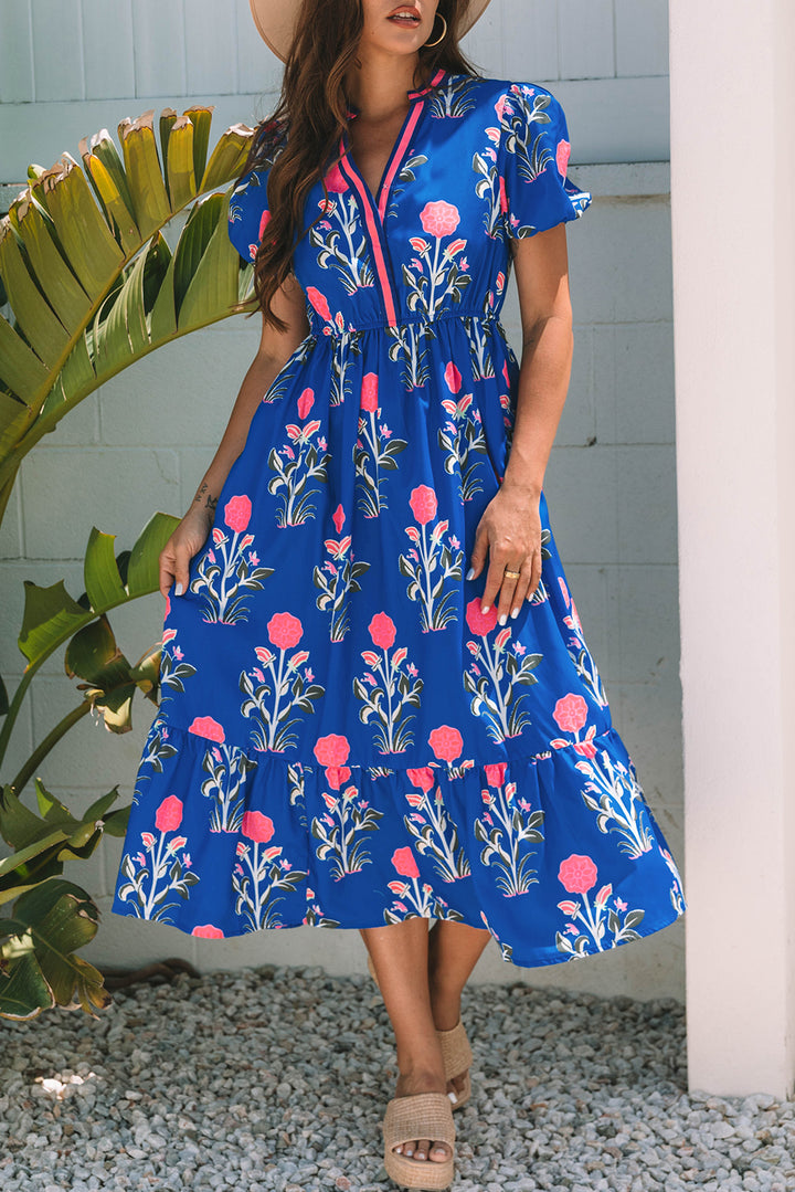Blue Floral Puff Short Sleeve Maxi Dress