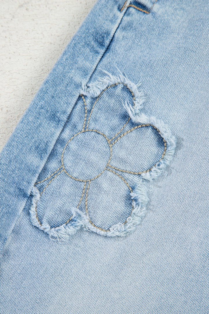 Beau Blue Flower Patched Light Wash Cropped High Waist Barrel Jeans