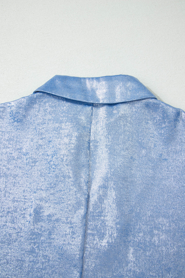 Myosotis Collared V Neck Half Sleeve Metallic Top