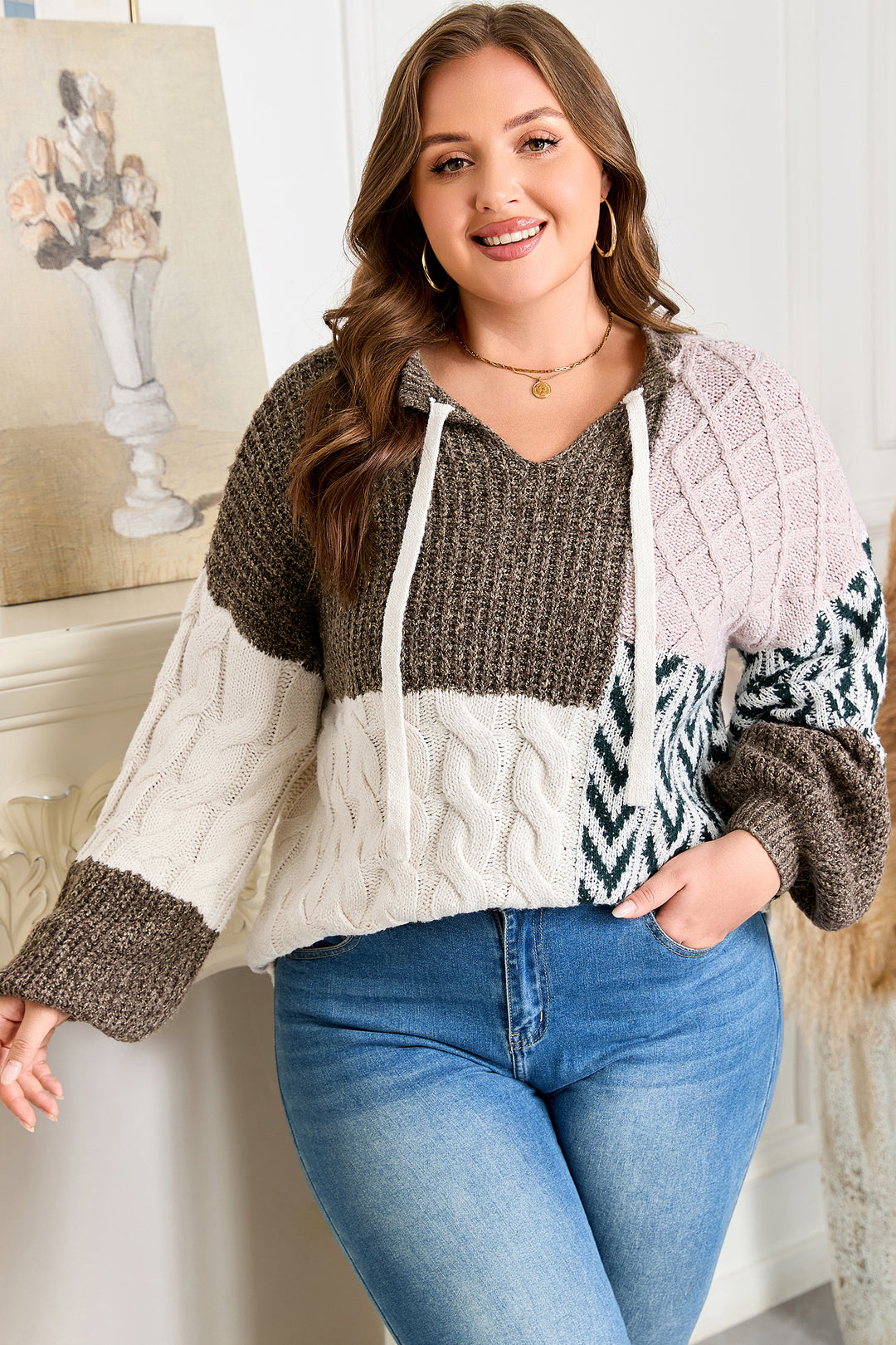 Brown Plus Size Color Block Patchwork Knotted Back Loose Fit Sweater