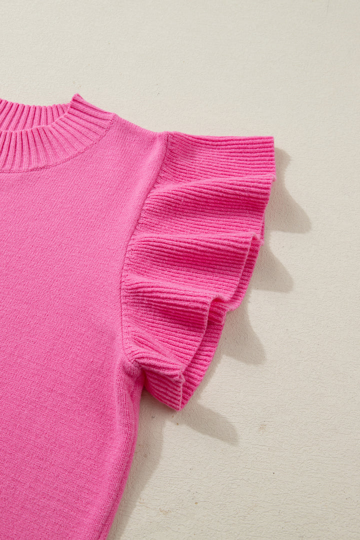 Solid Color Ribbed Trim Round Neck Ruffle Short Sleeve Sweater