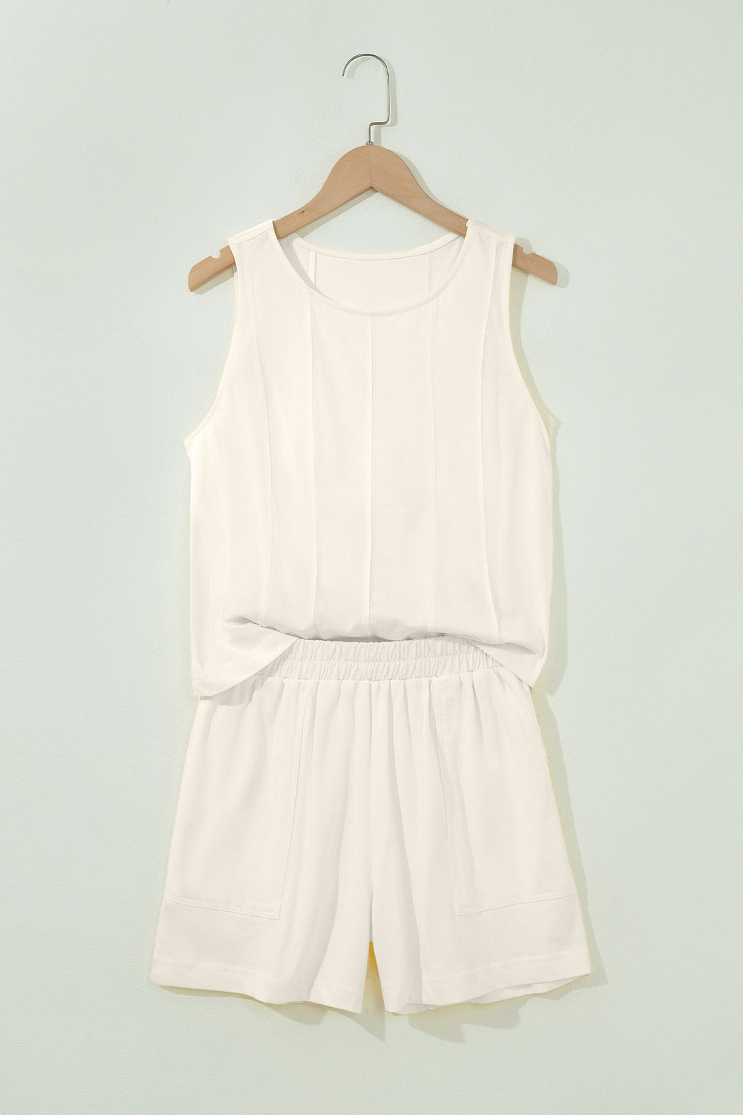 Beige Stitched Detail Loose Tank Top Cotton 2pcs Short Set