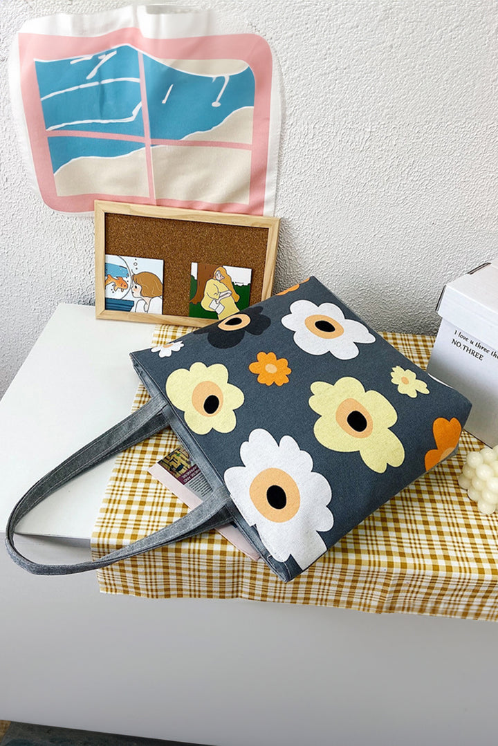 Flower Print Canvas Zipper Large Tote Bag