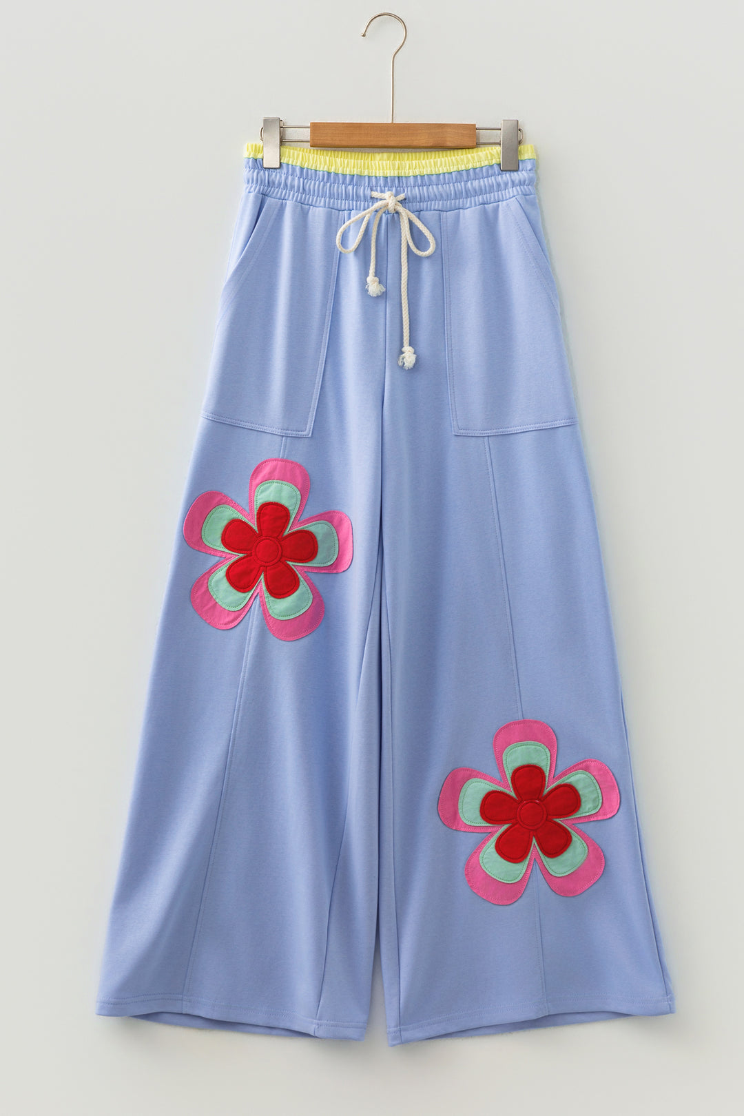 Sky Blue Flower Patchwork Elastic Waist Wide Leg Pants