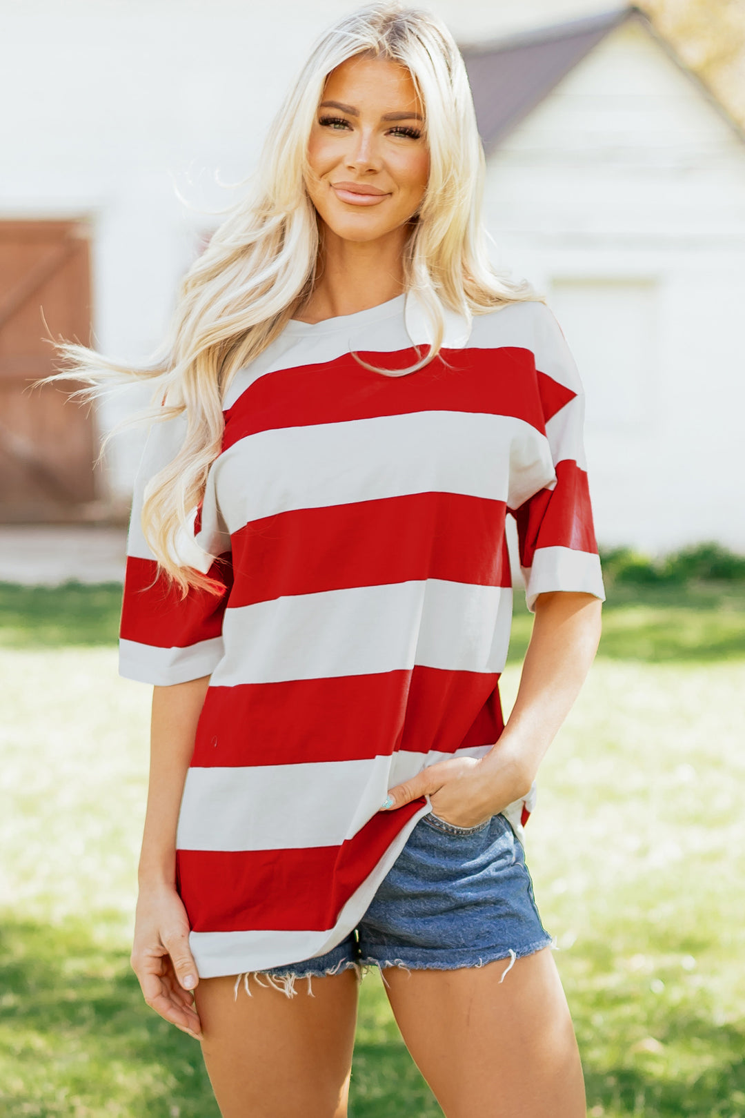 Racing Red Striped Color Block Oversize Tunic Tee