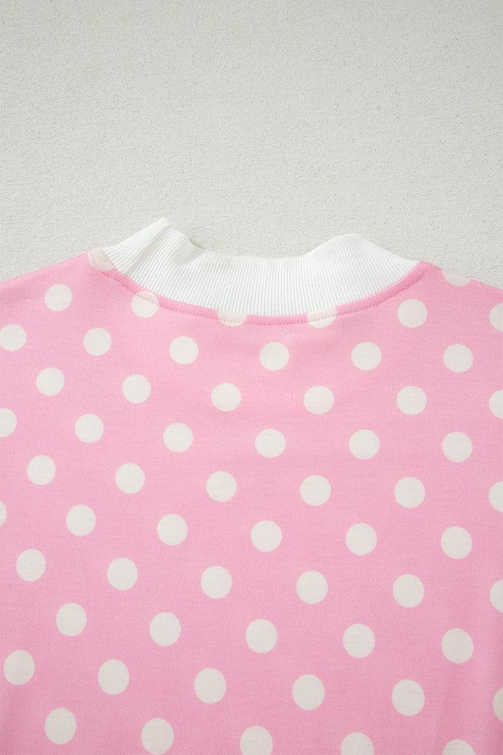 Pink Polka Dot Print Color Block Trim Mock Neck Short Set