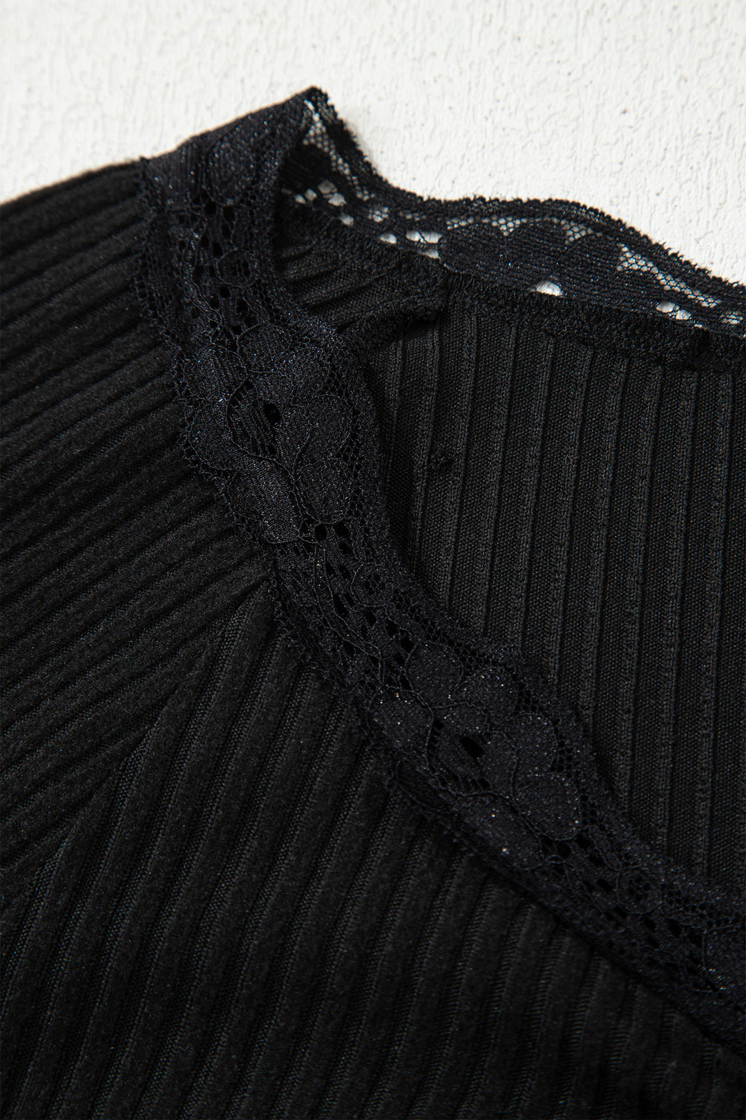 Black Lace Neckline Button Decor Lettuce Edge Long Sleeve Ribbed Top