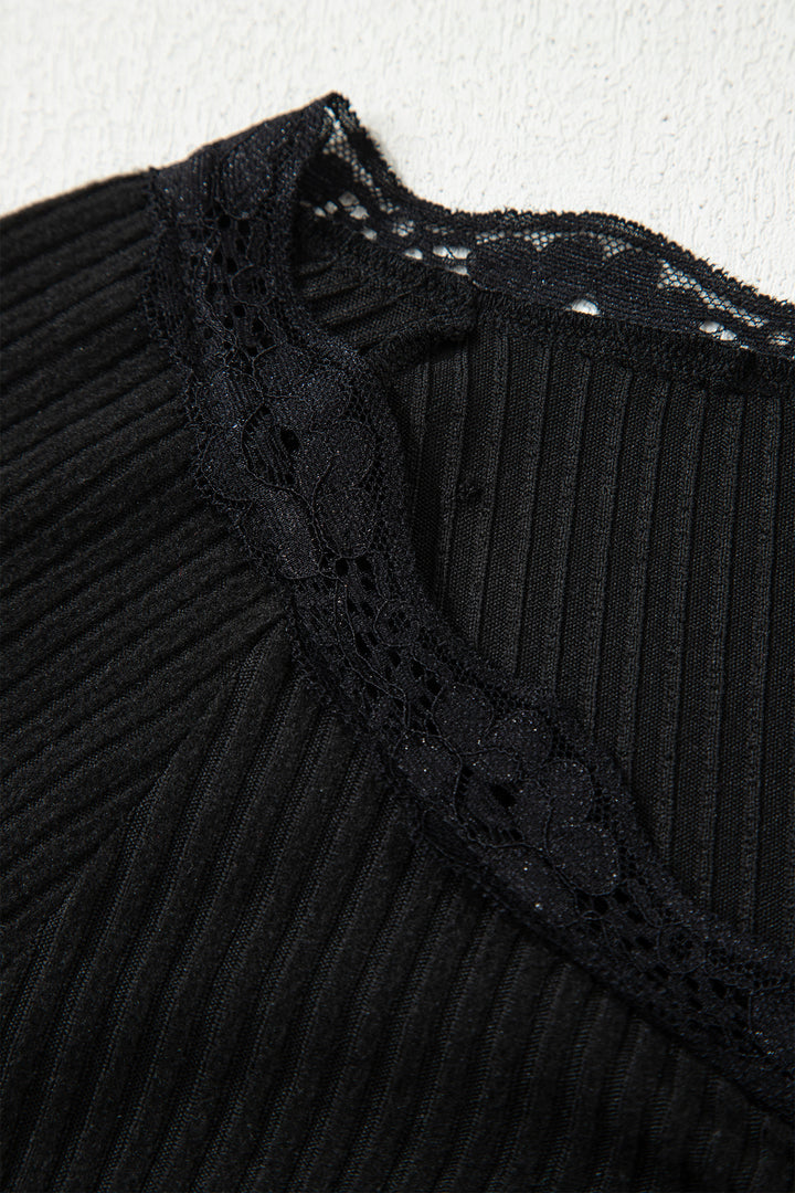 Black Lace Neckline Button Decor Lettuce Edge Long Sleeve Ribbed Top