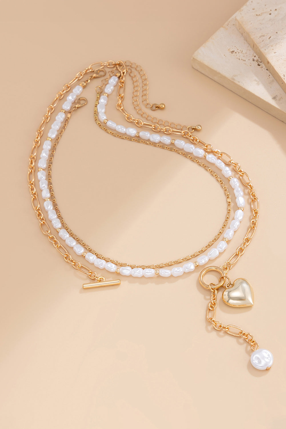 Plated Heart Charm Pearl Chain Layered Necklace