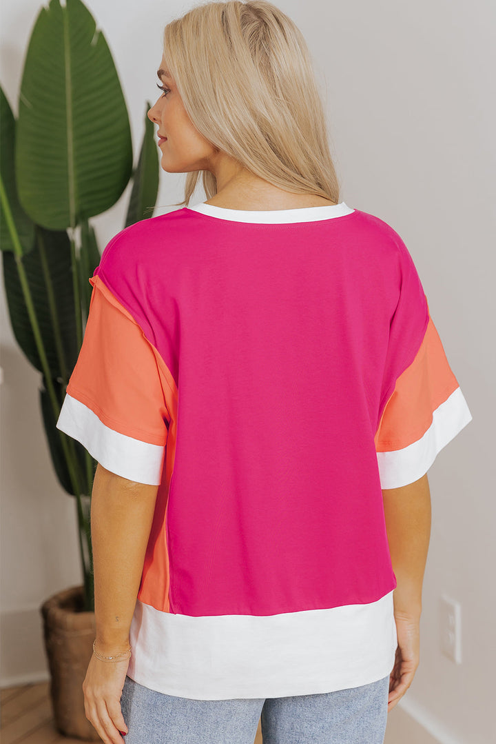 Color Block Patchwork Side Slits Loose Fit T Shirt