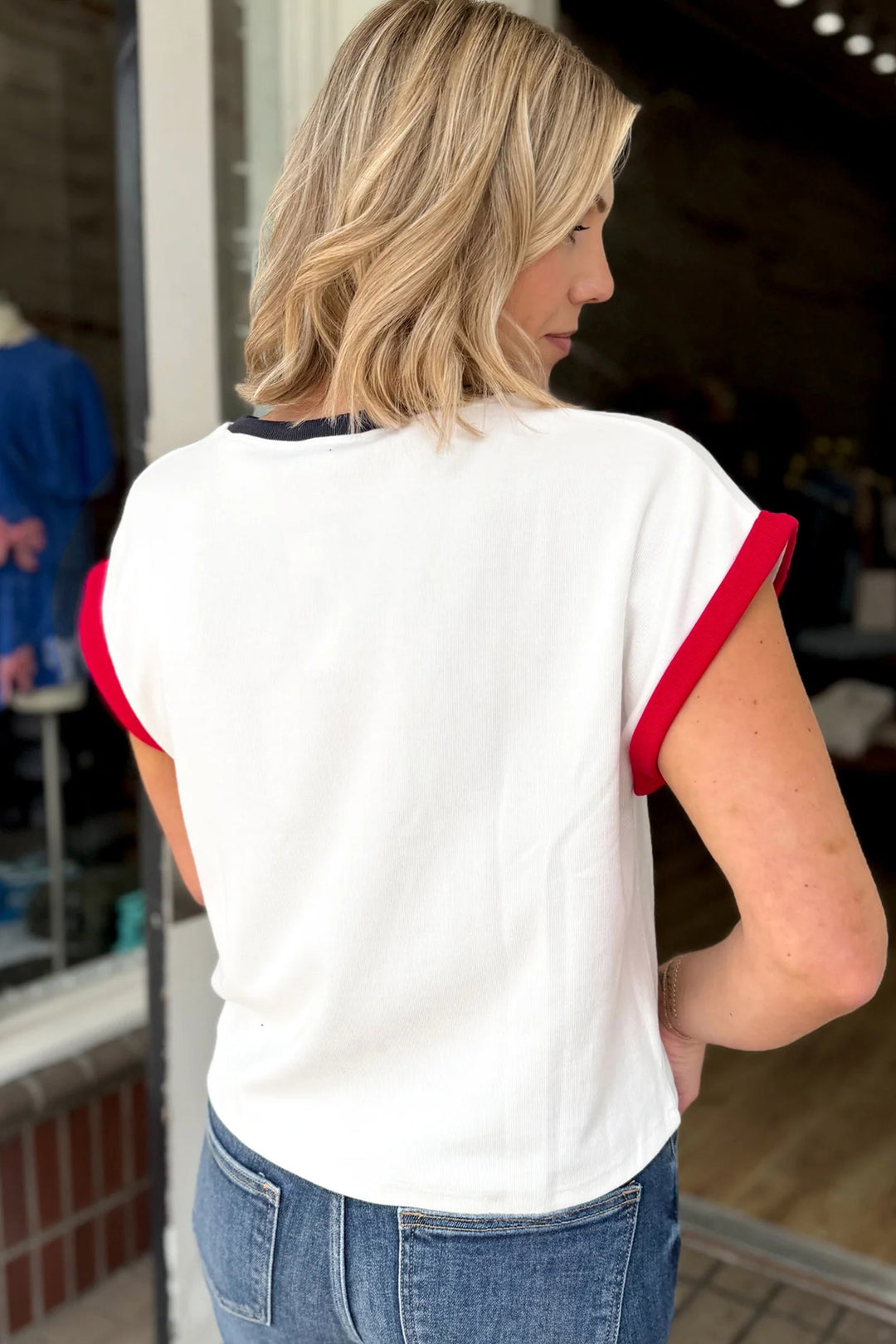 White USA Sequin Color Block Trim Loose T Shirt