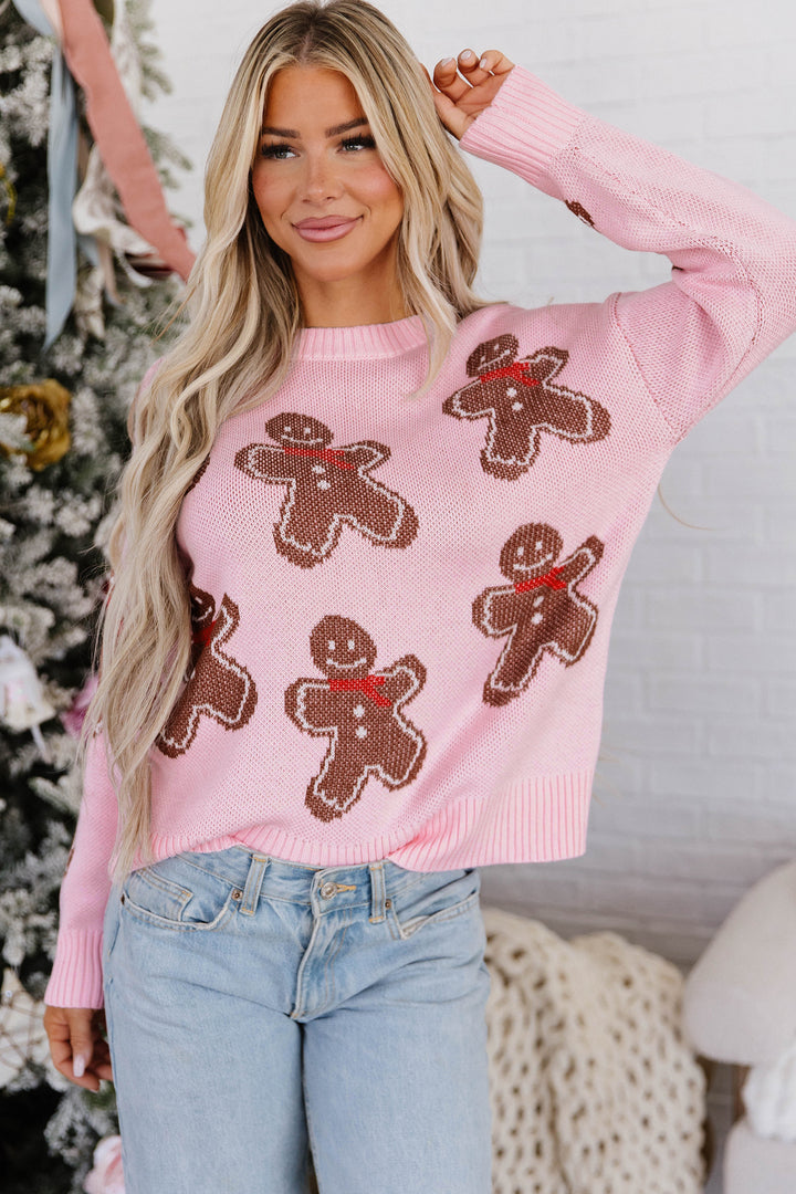 Pink Gingerbread Pattern Long Sleeve Shift Sweater