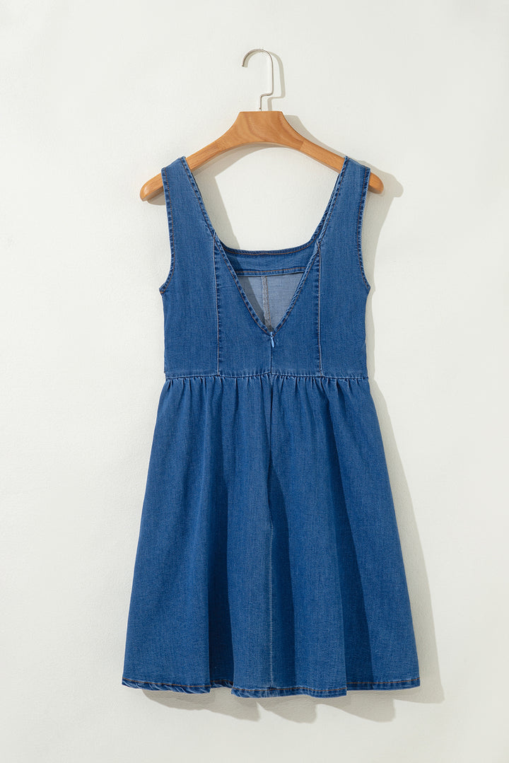 Square Neck Bowknot A-line Sleeveless Denim Dress