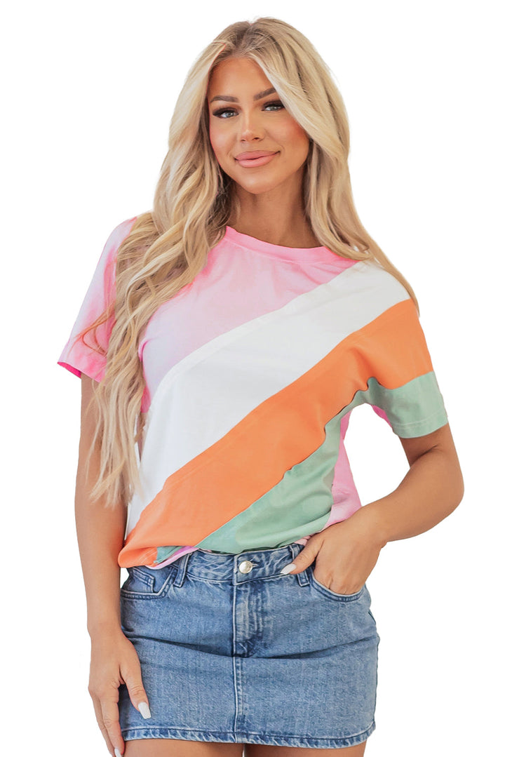 Color Block Patchwork Seamed Crewneck T Shirt