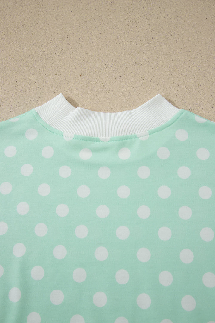 Green Polka Dot Print Color Block Trim Mock Neck Short Set