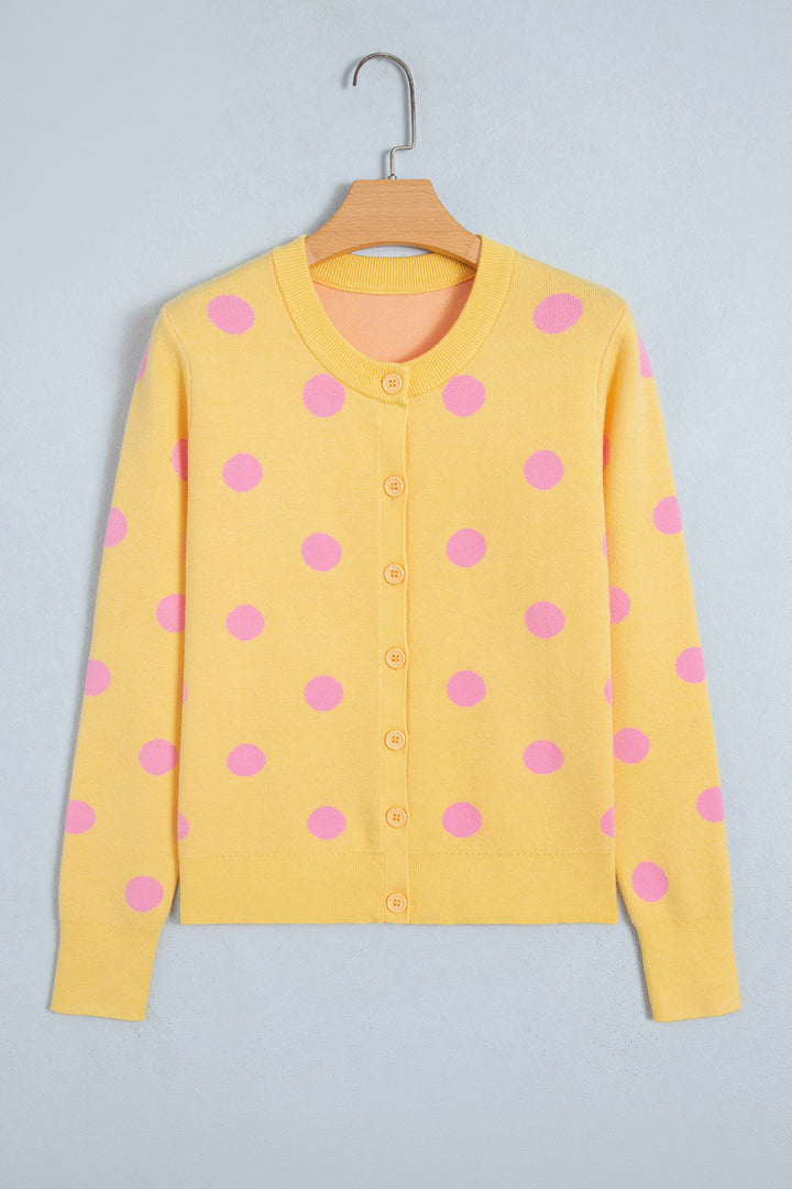 Yellow Cream Casual Polka Dot Button Front Long Sleeve Sweater Cardigan