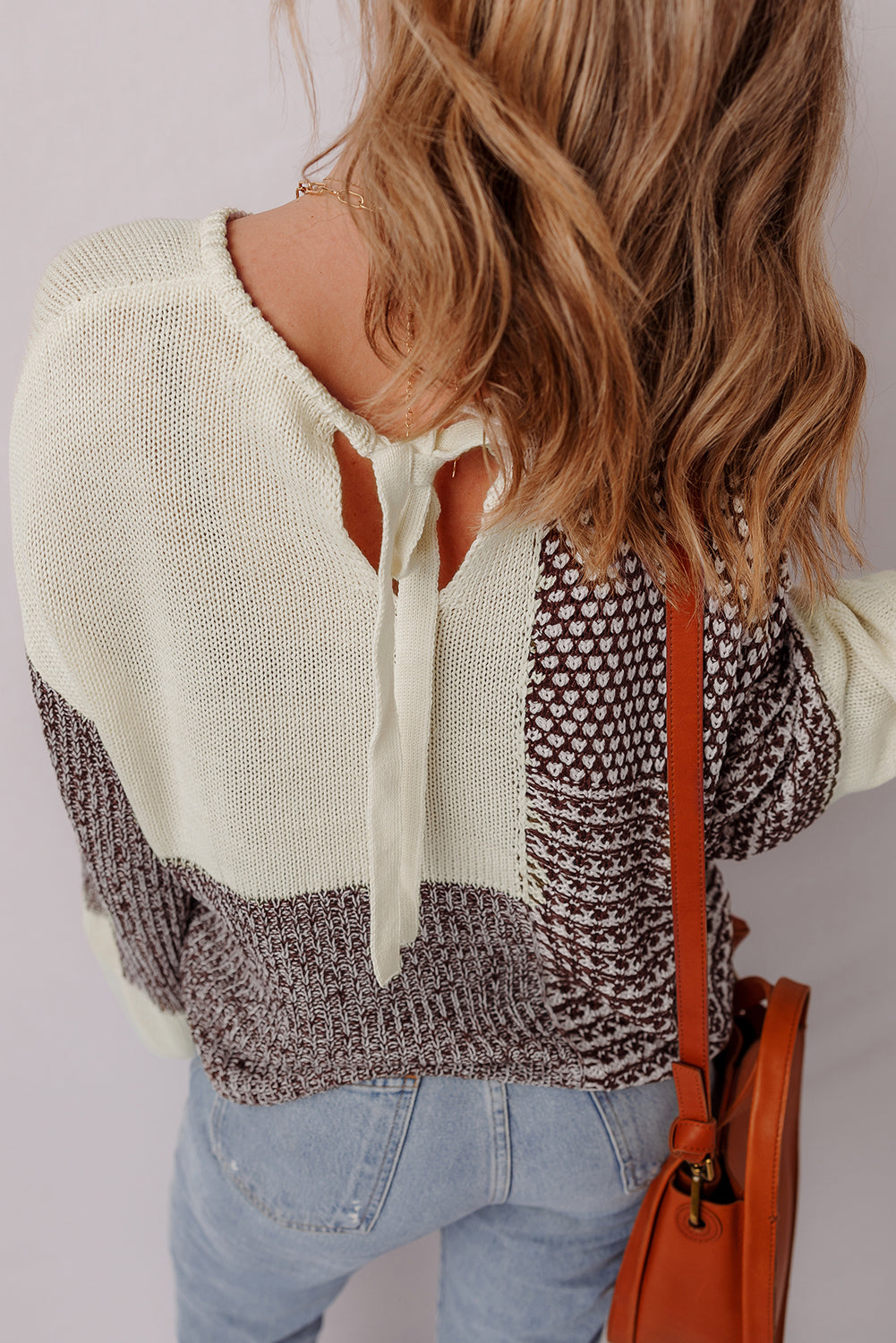 Color Block Back Tie Drop Shoulder Loose Sweater