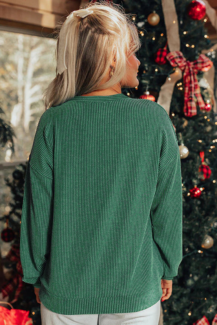 Blackish Green Twisted Rib Outlined Merry Letter Graphic Loose Long Sleeve Top